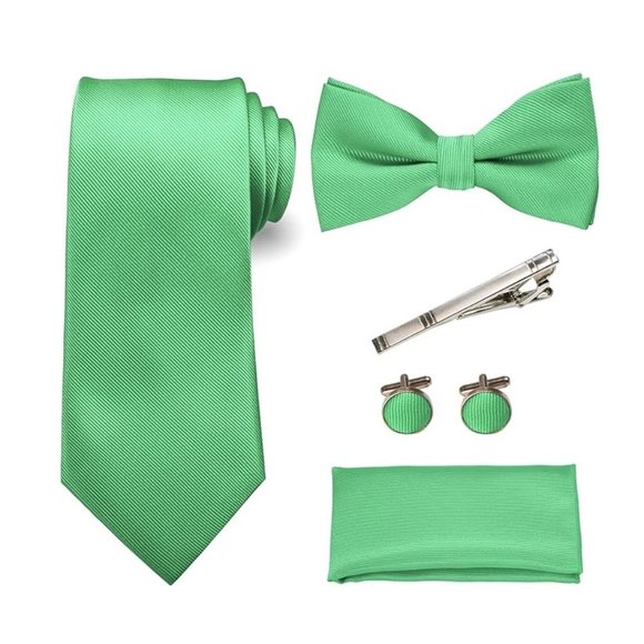 Mens 5 Piece Tie + Bow Tie + Pocket Square + Cufflinks + Clip Satin Lime Green - Picture 1 of 5